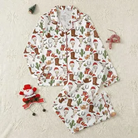 Family's Charming Western Christmas Design with Red Santa Hat Bull Skulls, Lighted Cacti, Brown Boots Satin Pajamas Set