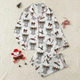 Farm Animal Lovers' Whimsical Hand-Drawn Highland Cow Heads Festive Red Green Plaid Bows Candy Canes Berries Satin Pajamas Set