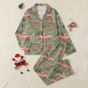 Cow Lovers' Whimsical Highland Cow Salmon Pink Truck Christmas Tree Pattern Satin Pajamas Set