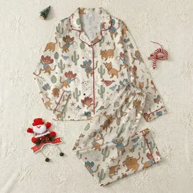 Cowgirl Lifestyle Enthusiasts' Playful Cowboy Cat & Western Motifs in Warm Brown, Red, Sage Green on Cream Satin Pajamas Set