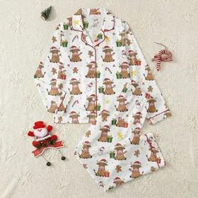 Holiday Animal Lovers' Whimsical Brown Highland Cows in Santa Hats, Christmas Candies & Snowman Pattern on White Satin Pajamas Set