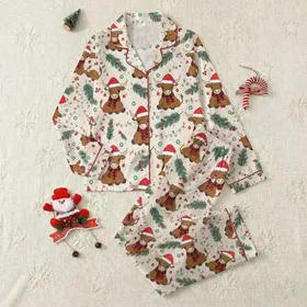 Highland Cow Lovers' Whimsical Santa Hat Plaid Scarf Pine Berry Teal Light Christmas Pattern Satin Pajamas Set