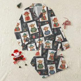 Highland Cow Lovers' Rustic Winter Pattern: Charcoal Grey Stamp-Framed Cows, Holly Berries, & Golden Bells Satin Pajamas Set