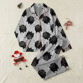 Highland Cow Lovers' Playful Cartoon Highland Cattle with Sunglasses All-Over Print Satin Pajamas Set