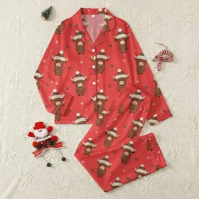 Family Matching Whimsical Red Highland Cow Leopard Print Hat Scarf Pattern Satin Pajamas Set