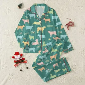Kids' Playful Distressed Cow Pattern, Pastel Pink Orange Yellow Sky Blue Green on Solid Teal Green Satin Pajamas Set