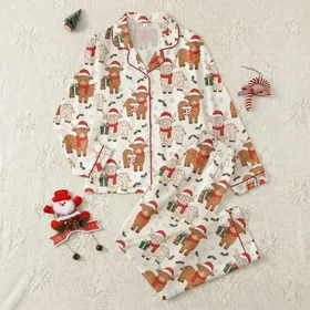 Festive Animal Lovers' Whimsical Highland Cow Cream Brown Red Santa Hat Holly Green Gift Pattern Satin Pajamas Set