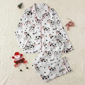 Women's Playful Cartoon Cow Black Spot White Background Pink Snout Yellow Bell 'Mooo!' Text Pattern Satin Pajamas Set