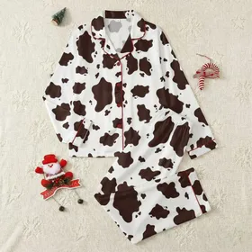 Comfort Seekers' Intricate Organic Cowhide Pattern with Rich Chocolate Brown Patches Satin Pajamas Set