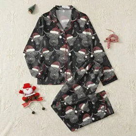 Rustic Holiday Enthusiasts' Textured Grunge Grey Highland Cow Seamless Christmas Pattern with Faded Red Santa Hats Satin Pajamas Set
