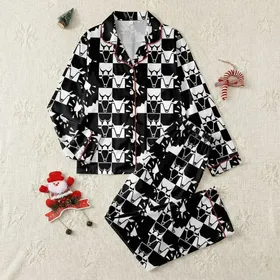 Women's Playful Black White Geometric Cow Head Milk Splash Repeating Pattern Satin Pajamas Set