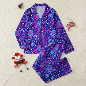 Fantasy Lovers' Folk Art Royal Purple Enchanted Forest Owl & Floral Pattern Satin Pajamas Set