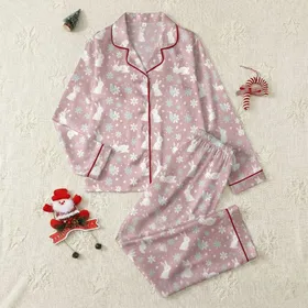 Couples' & Family's Soft Blush Pink Whimsical Bunny Fox Daisy Star Pattern Satin Pajamas Set
