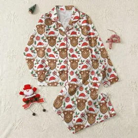 Whimsical Holiday Lovers Brown Highland Cow, Red Santa Hat, Snowflake Glasses, Holly Berries, Striped Candy, Star Bauble Pattern Satin Pajamas Set
