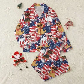 Patriotic Dog Lovers' Vibrant Red Blue White All-Over Patriotic Dogs USA Flag Print with 'Happy 4th Of July' Script Satin Pajamas Set