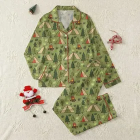 Outdoor Adventure Lovers' Hand-Drawn Seamless Camping Pattern Tan Olive Tents Red Yellow Campfires Forest Green Trees Satin Pajamas Set