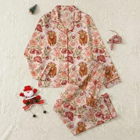 Newborns' Hand-Painted Highland Cow Floral Botanical Muted Rosy Beige Pattern Satin Pajamas Set