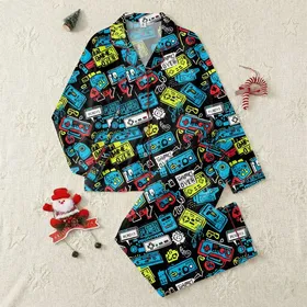Men's Gaming Culture Fan Energetic Retro Graffiti Controllers Pixel Text Black Electric Blue Neon Yellow Pattern Satin Pajamas Set