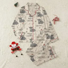 Cow Lovers' Rustic Highland Cow Christmas Repeating Pattern with Muted Red Hats & Distressed Mooey Text Satin Pajamas Set