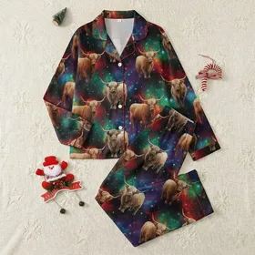 Highland Cow Lovers' Cosmic Nebula Realistic Highland Cow Design, Vibrant Red Orange Green Purple Stars Satin Pajamas Set