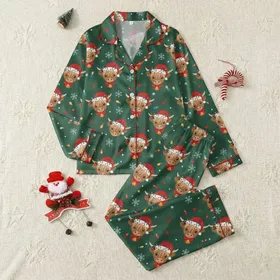 Highland Cow Lovers' Whimsical Forest Green Christmas Pattern with Santa Hat Cows, Holly, Lights, and Snowflakes Satin Pajamas Set