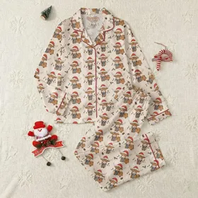 Holiday Cow Lovers' Cute Fluffy Highland Cows Red Santa Hats Buffalo Plaid Colorful Christmas Lights Beige Festive Pattern Satin Pajamas Set