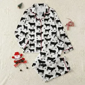 Kids' Black White Minimalist Rustic Farm Cattle Silhouette Seamless Pattern with Scattered Stars Satin Pajamas Set