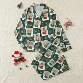 Highland Cow Lovers' Forest Green Christmas Postage Stamp Fluffy Cattle, Holly, & Bells Pattern Satin Pajamas Set
