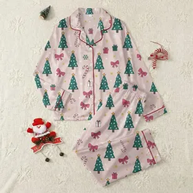 Coquette Lovers' Charming Blush Pink Christmas Trees Fuchsia Bows Teal Candy Canes Golden Stars Pattern Satin Pajamas Set