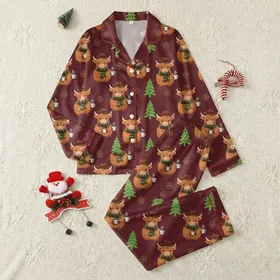 Cozy Holiday Charm Lovers Illustrative Highland Cow Cowboy Hat Plaid Scarf Golden Snowflake Maroon Pattern Satin Pajamas Set