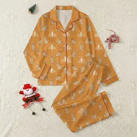 Loved Ones' Marigold Orange Whimsical Tan Bunny Chick Moth Doodle Pattern Satin Pajamas Set