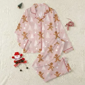 Families' Whimsical Hand-Drawn Gingerbread Figures Pastel Pink Pine Tree Pattern Satin Pajamas Set