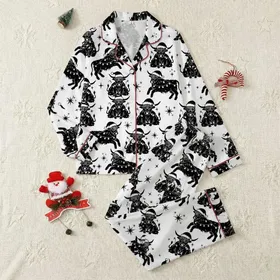 Festive Crafters' Black White Highland Cow Christmas Lights Tossed Silhouette Pattern Satin Pajamas Set