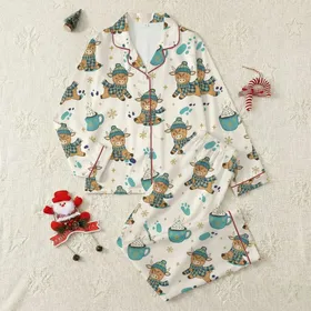 Winter Animal Lovers' Whimsical Highland Cow Pattern with Teal Plaid, Hot Chocolate & Gold Glitter Snowflakes Satin Pajamas Set