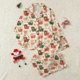 Cozy Christmas Fans' Whimsical Baby Highland Cow Pajama Plaid Gingerbread Pattern Satin Pajamas Set