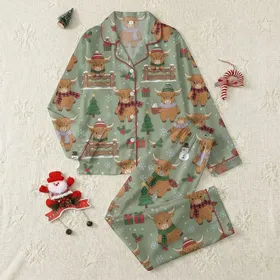 Cozy Holiday Lovers' Whimsical Christmas Highland Cow Pattern with Festive Beanies, Red Scarves, Snowflakes, Olive Green Satin Pajamas Set