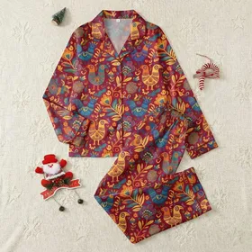 Art Enthusiasts Intricate Otomi Folk Art Crimson Red Blue Yellow Flora Fauna Satin Pajamas Set