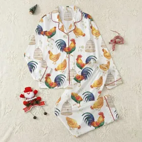Countryside Living Rooster & Hen Watercolor Pattern: Vibrant Woven Cages Design - Loungewear Item Satin Pajamas Set