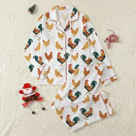 Farmhouse Charm: Vibrant Storybook Roosters, Pecking Hens, Red Combs & Teal Tails  Garment Kid Satin Pajamas Set