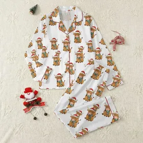 Highland Cow Lovers' Whimsical Christmas Cow Pattern in Warm Browns with Red Santa Hats & Festive Striped Scarves Satin Pajamas Set