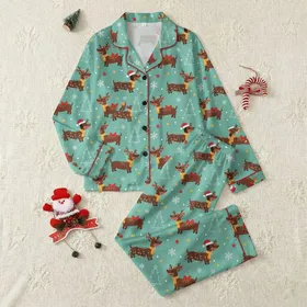 Holiday Dachshund Lovers' Mint Green Illustrative Festive Dachshunds in Santa Hats, Reindeer, Colorful Christmas Lights & White Snowflakes Pattern Satin Pajamas Set