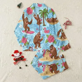 Tropical Vacation Enthusiasts' Cartoon Bigfoot Flamingo Beach Party, Hot Pink Hibiscus, Blue Monstera Leaves, Vibrant Summer Illustration Satin Pajamas Set