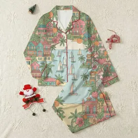 Women's Retro Tropical Coastal Paradise Pink Teal Yellow Houses Sailboats Satin Pajamas Set