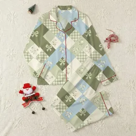 Women's Whimsical Quilt-Inspired Diamond Patchwork: Olive Bows, Blue & Cream Florals, Gingham Grid Satin Pajamas Set