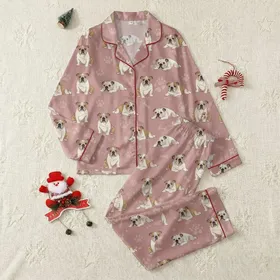 Dog Lovers' Dusty Rose Pink English Bulldog Realistic Illustrative Pattern with Faint Paw Prints Satin Pajamas Set