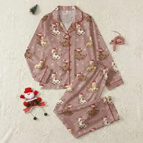 Holiday Animal Lovers' Whimsical Baby Calf Santa Hat Multi-Color Lights Dusty Rose Pattern Satin Pajamas Set
