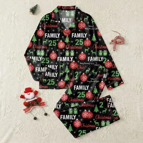 Family's Festive Black Christmas Pattern: Bold Red & White Text, Green '25' Accents, Ornaments, Trees & Reindeer Design Satin Pajamas Set