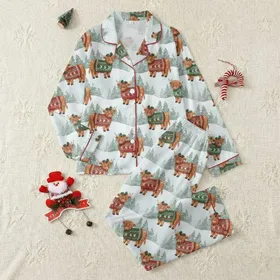 Highland Cow Lovers' Whimsical Fair Isle Sweater Cows Snowy Evergreen Christmas Watercolor Satin Pajamas Set