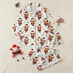 Whimsical Art Lovers' Festive Watercolor Highland Cow Heads Red Plaid Santa Hats Pattern Satin Pajamas Set