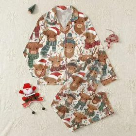 Highland Cow Lovers Whimsical Christmas Pattern: Brown Cows, Santa Hats, Plaid, Multi-Color Lights Satin Pajamas Set